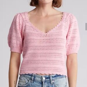 Lush Pink Puff Sleeve Cotton Crochet Knit Top Size Large NWT